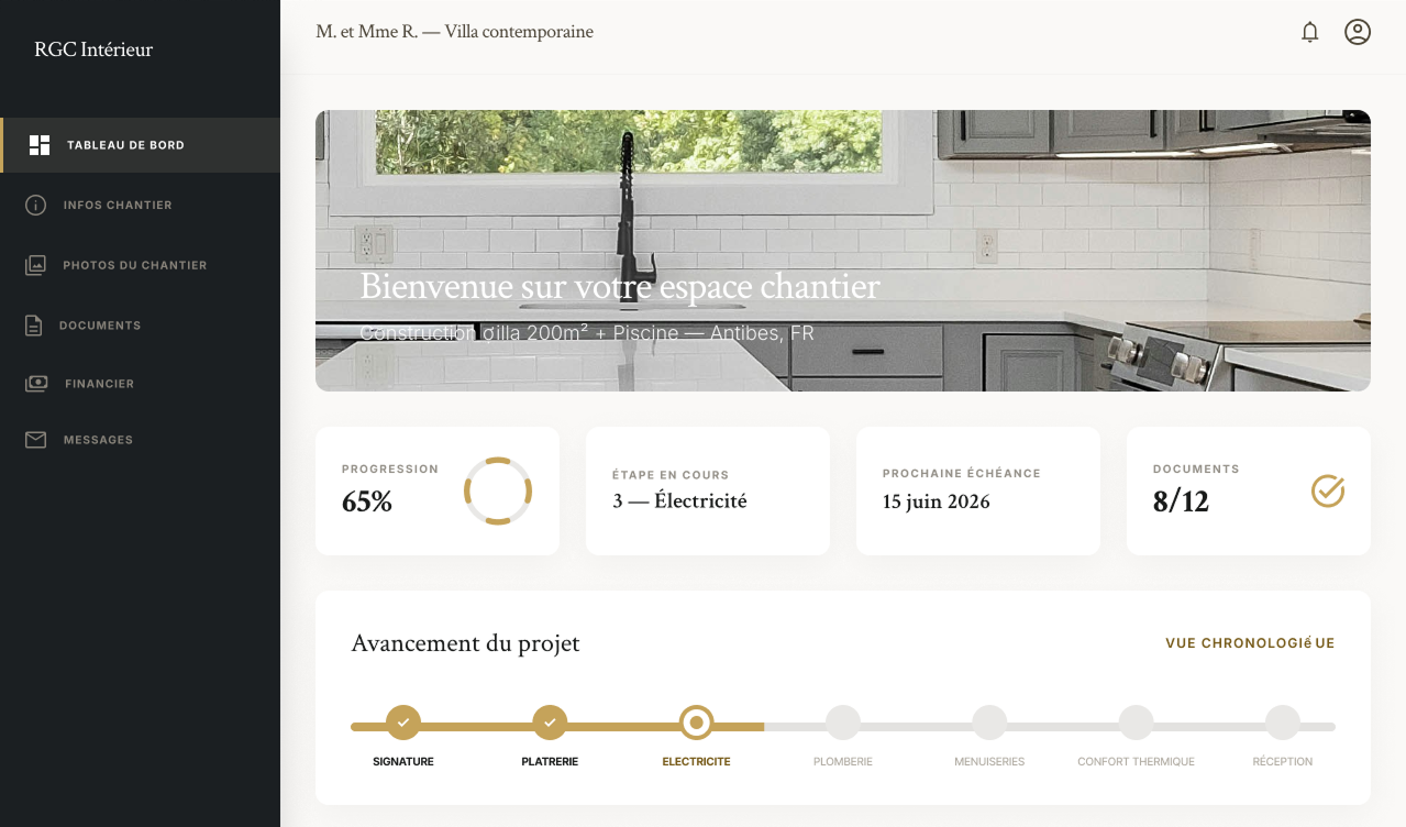 Capture d'écran du portail client digital RGC pour le suivi de chantier second œuvre